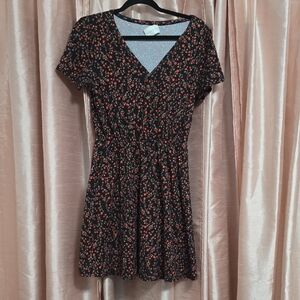 French Grey Black and Red Floral Mini Dress